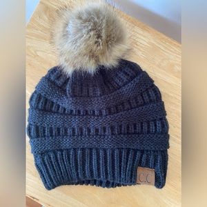 C.C Black Chunky Knit Beanie With Brown Fur Pom Pom